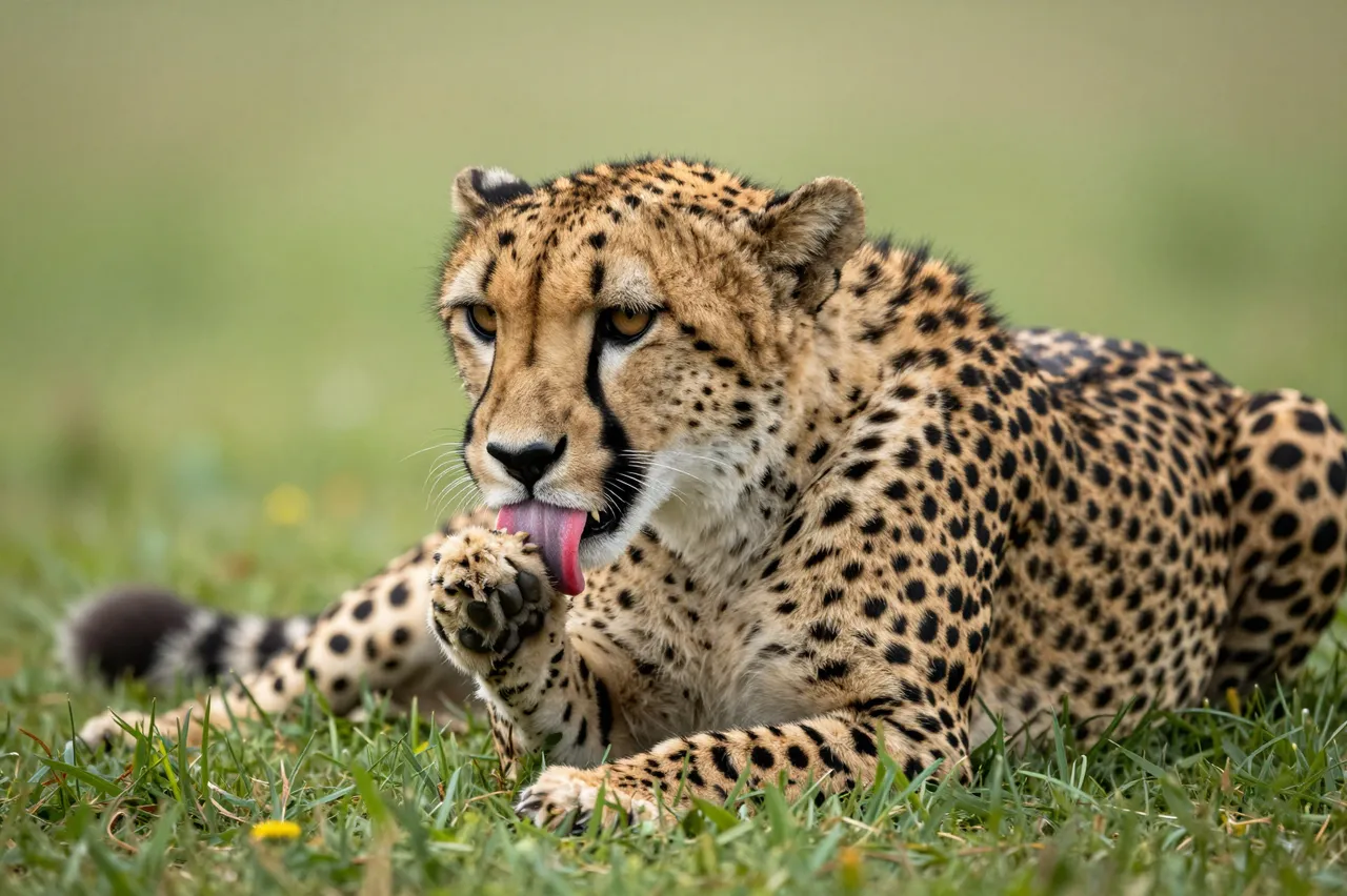 A cheetah lies in short green grass licking its raised front paw under soft light