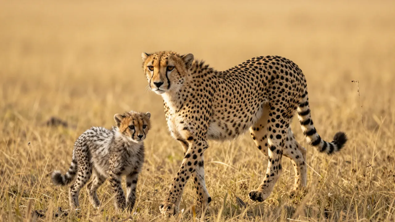 Cheetah mother walks alongside her small cub across sunlit golden savanna grass in warm evening light.