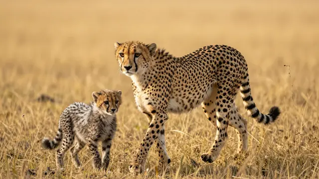 Cheetah mother walks alongside her small cub across sunlit golden savanna grass in warm evening light.