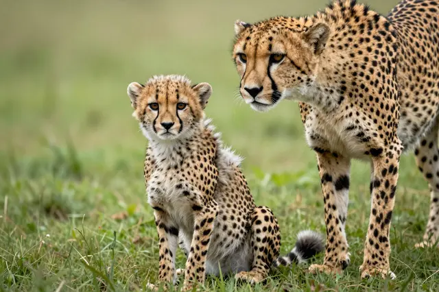 A sitting cheetah cub rests beside its standing mother on green grassy savanna ground