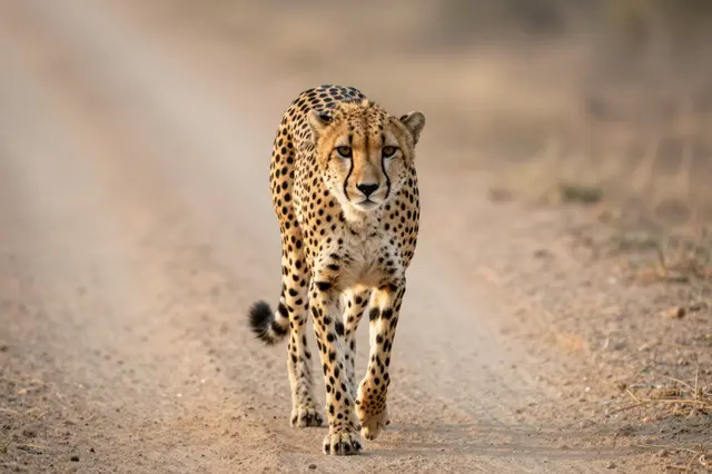 A spotted cheetah walks directly toward the camera along a sunlit savanna dirt track