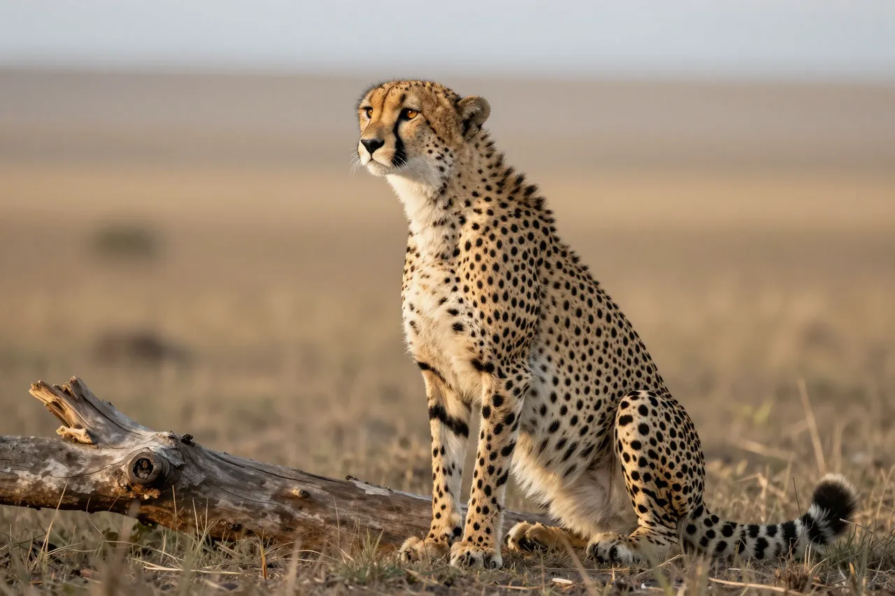 A cheetah sits upright beside a fallen log, scanning the open savanna plains in soft dawn light
