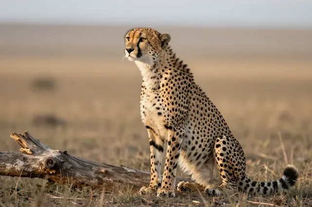 A cheetah sits upright beside a fallen log, scanning the open savanna plains in soft dawn light