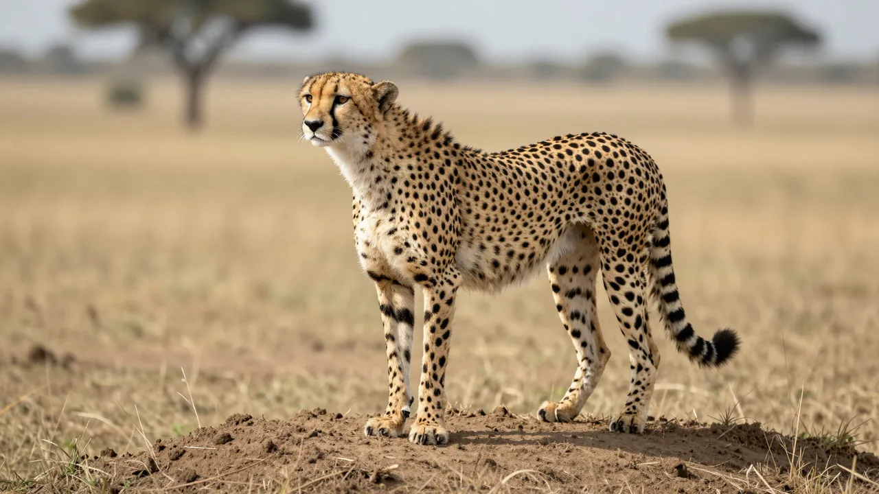 A cheetah stands alert on a dirt termite mound overlooking dry African savanna plains