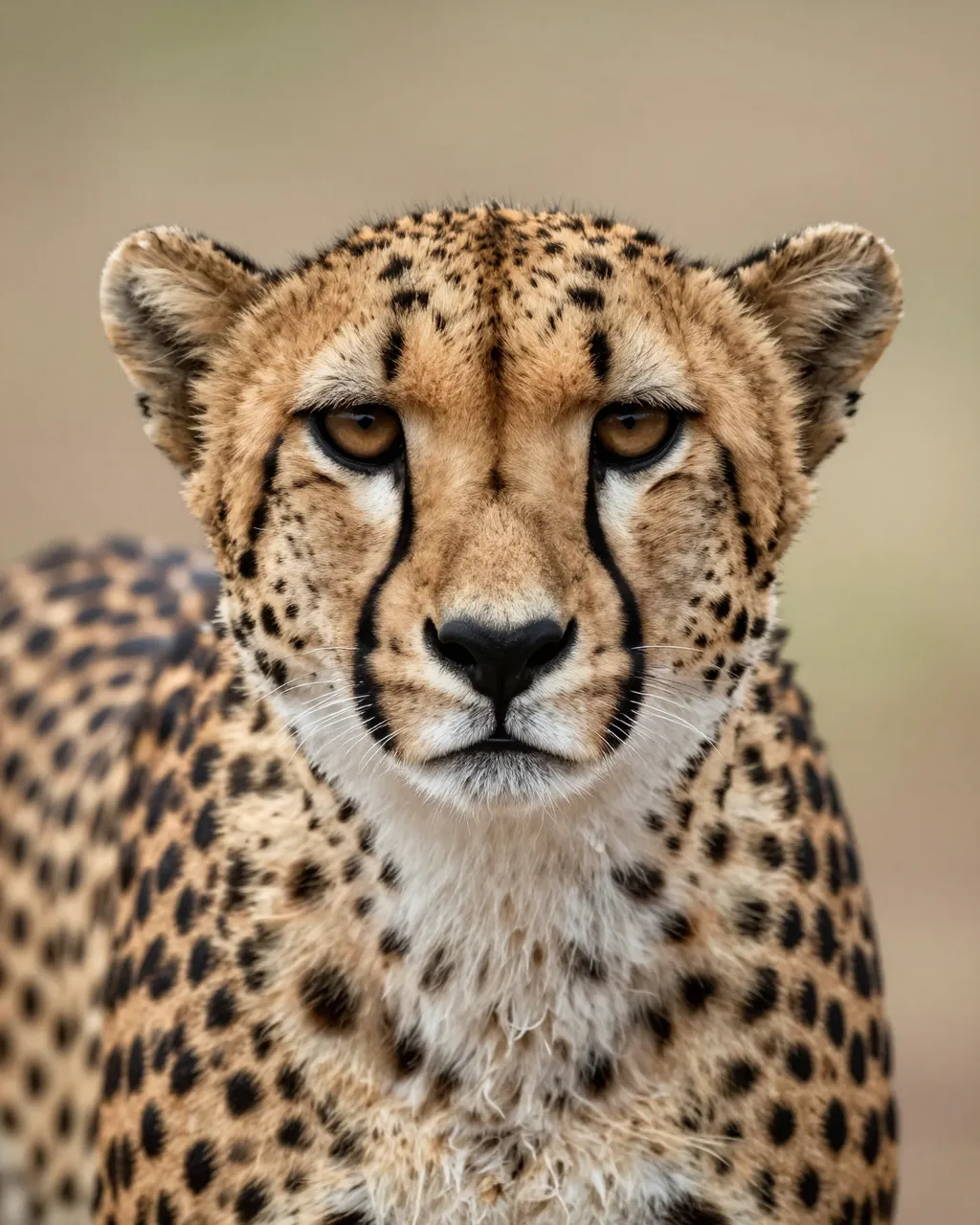 A close-up front-facing portrait of a cheetah with distinct dark tear marks gazing directly at the camera against a soft