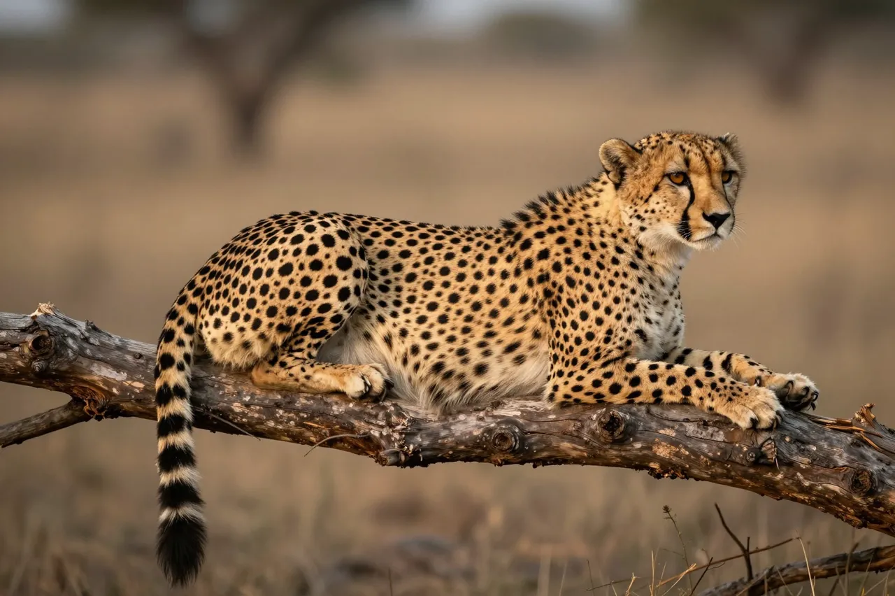 A cheetah with spotted golden fur rests on a fallen wood branch in warm evening savanna light
