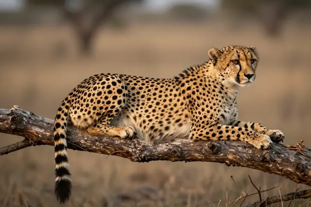 A cheetah with spotted golden fur rests on a fallen wood branch in warm evening savanna light