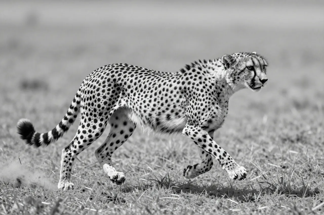 Black and white photograph of a sprinting cheetah across grassy open savanna plains