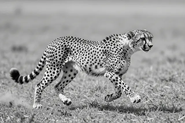 Black and white photograph of a sprinting cheetah across grassy open savanna plains