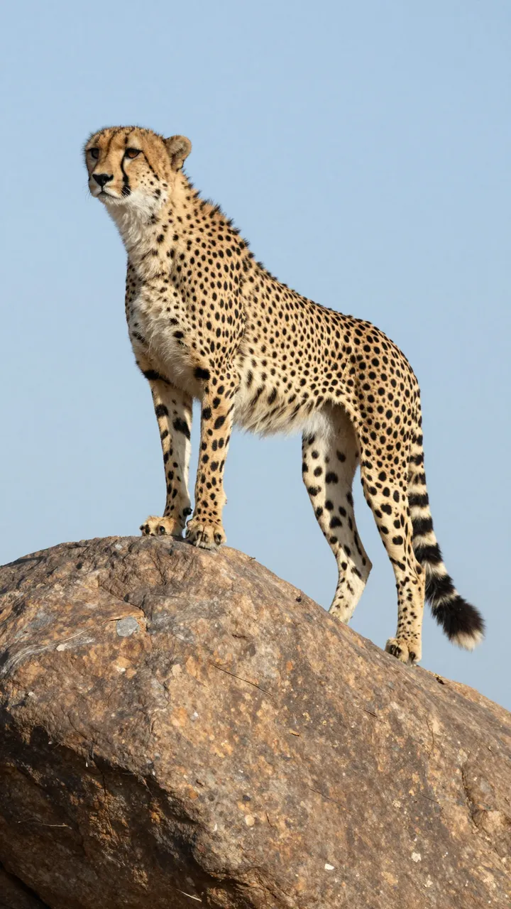 A spotted cheetah stands alert on a large weathered rock against a clear pale blue sky.