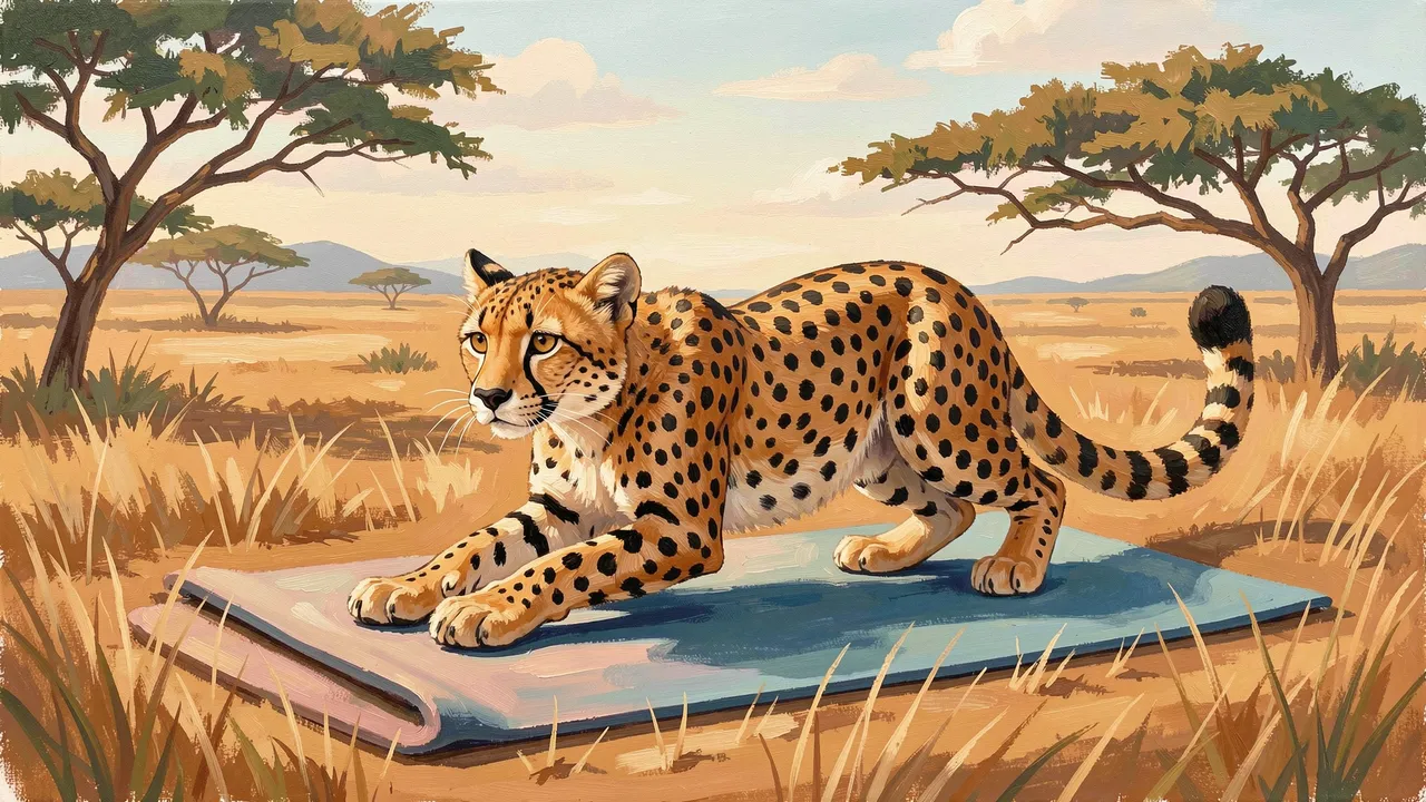 Gouache painting of a cheetah stretching on a yoga mat across a sunlit savanna at early morning