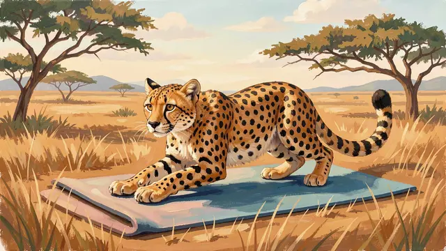 Gouache painting of a cheetah stretching on a yoga mat across a sunlit savanna at early morning