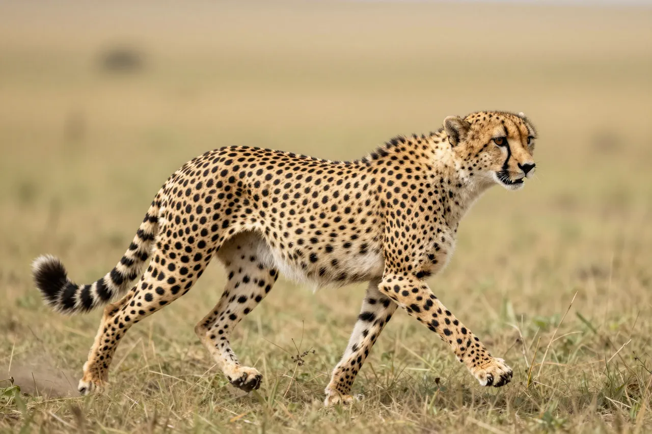 A spotted cheetah moves at pace across dry grassy savanna terrain