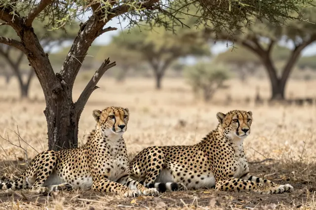 Two spotted cheetahs lie side by side in savanna shade beneath an acacia tree