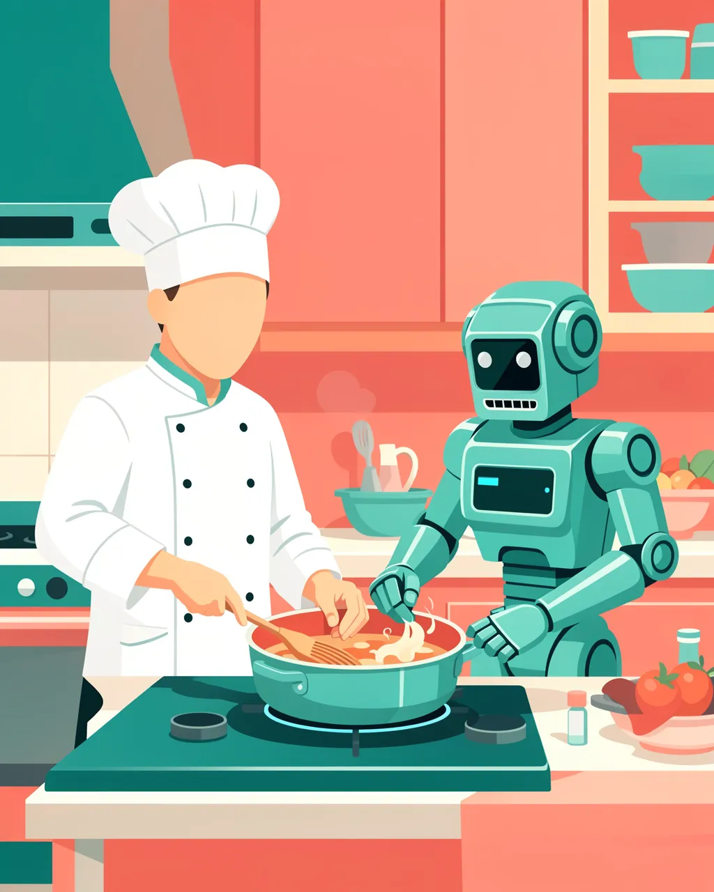 A faceless chef and teal robot stir a shared cooking pot in a coral and teal bright kitchen.