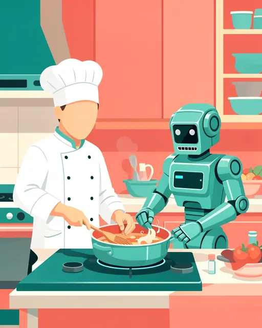 A faceless chef and teal robot stir a shared cooking pot in a coral and teal bright kitchen.