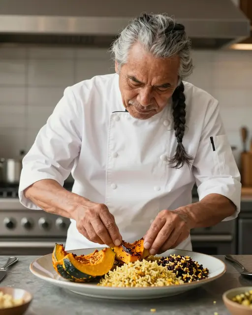 Older Indigenous chef carefully arranges roasted squash and grains on a platter in a warm kitchen