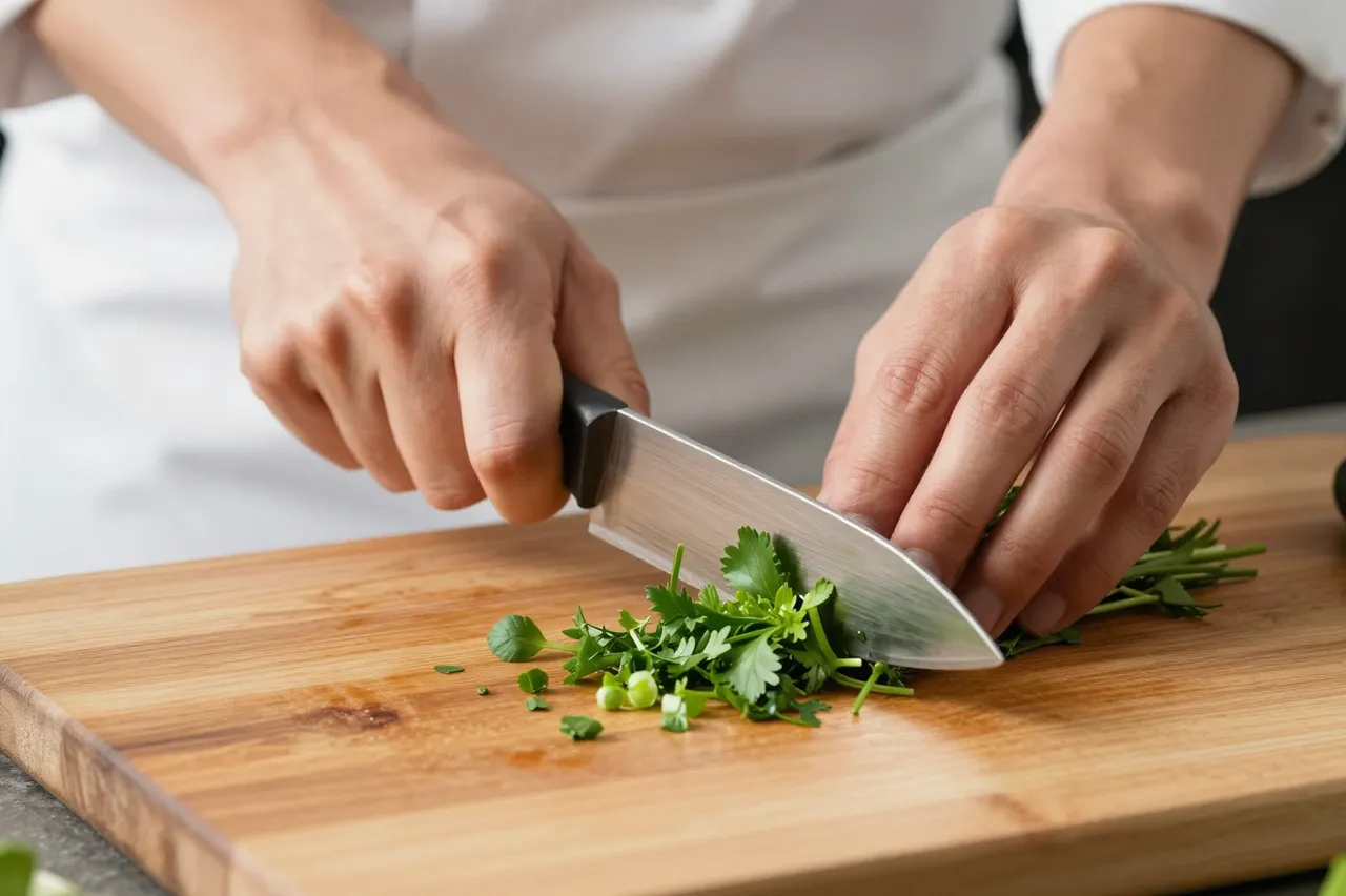 Close-up of a chef's hands chopping fresh green herbs on a wooden cutting board with a kitchen knife