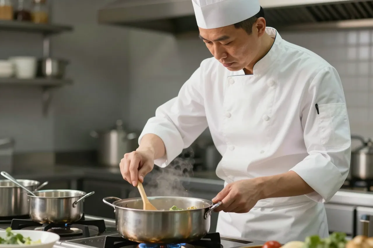 An asian chef in a white uniform and toque stirs a steaming pot on a commercial stove