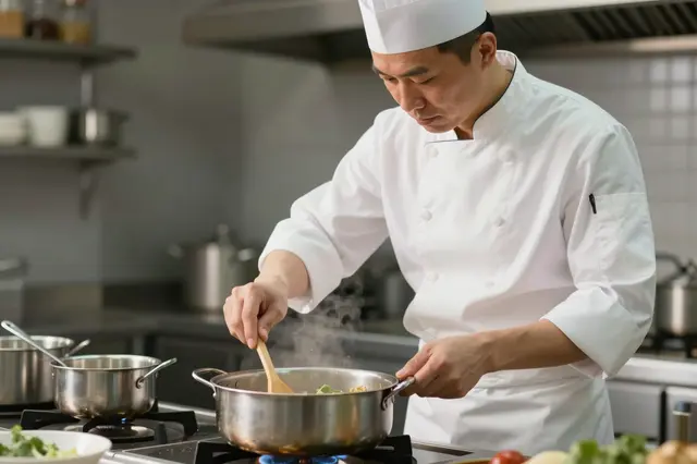 An asian chef in a white uniform and toque stirs a steaming pot on a commercial stove