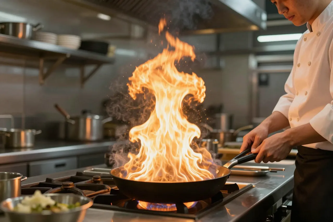A chef in a commercial kitchen holds a pan with tall rising flames while cooking.