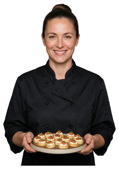 Smiling woman chef in a black jacket holds a plate of small canapes while looking at the camera