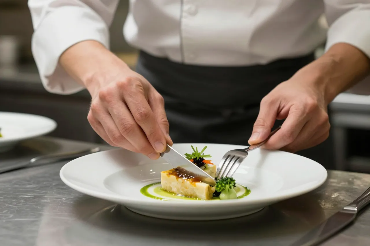 A chef uses fork and knife to arrange a plated gourmet dish in a restaurant kitchen