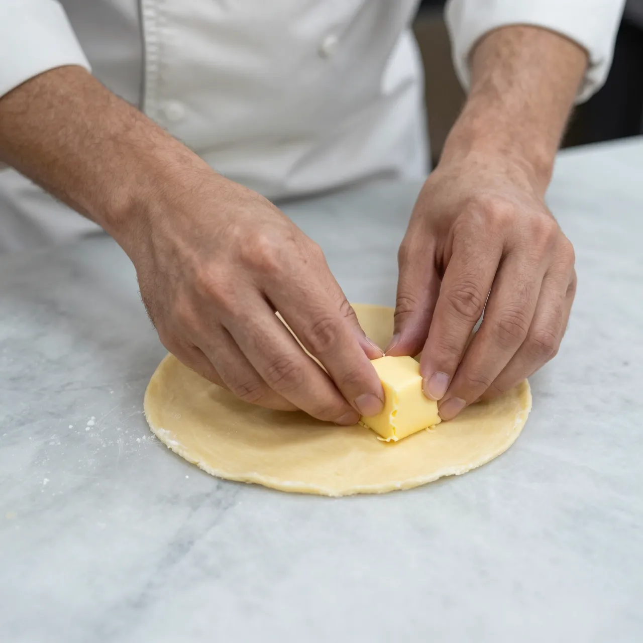 A chef in a white coat places butter onto rolled dough on a marble work surface.