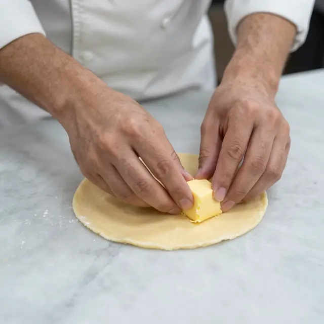 A chef in a white coat places butter onto rolled dough on a marble work surface.