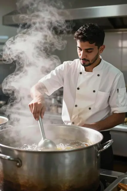 Young Middle Eastern chef stirs a large steaming stockpot in an industrial kitchen