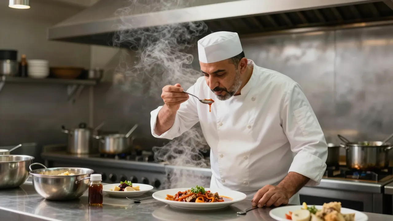 Middle Eastern chef tastes sauce from a spoon in a steamy professional restaurant kitchen during dinner service