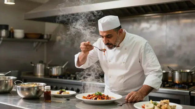 Middle Eastern chef tastes sauce from a spoon in a steamy professional restaurant kitchen during dinner service