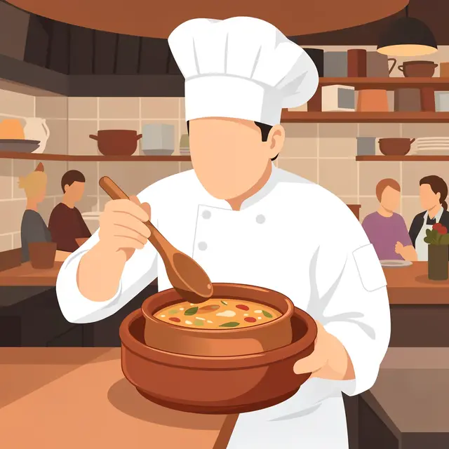 Faceless chef holding a terracotta soup pot and wooden spoon in a warm restaurant kitchen.