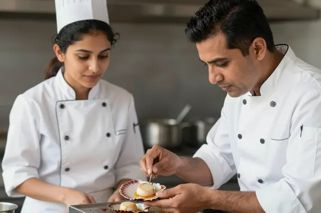 Two professional chefs work together plating seared scallops in a commercial kitchen