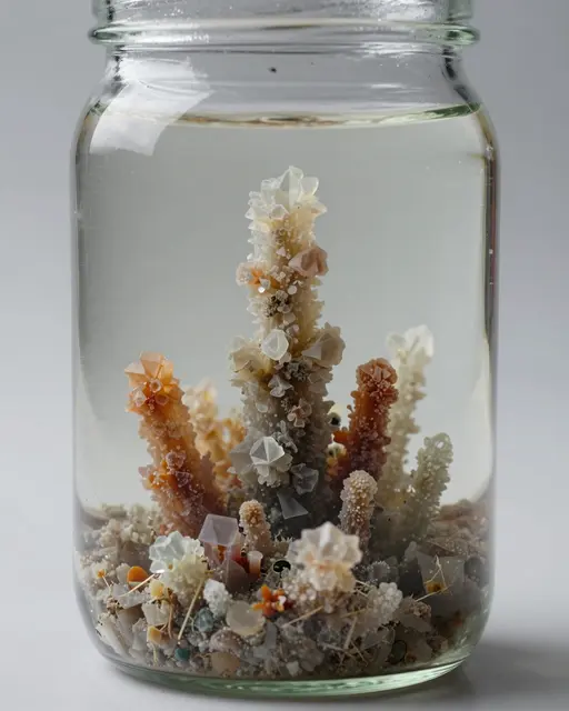 Colorful crystal tower formations grow upward inside a clear glass jar of still liquid against a plain gray background
