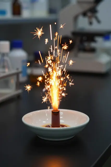 Bright orange sparks erupt upward from a small ceramic dish on a dark lab bench