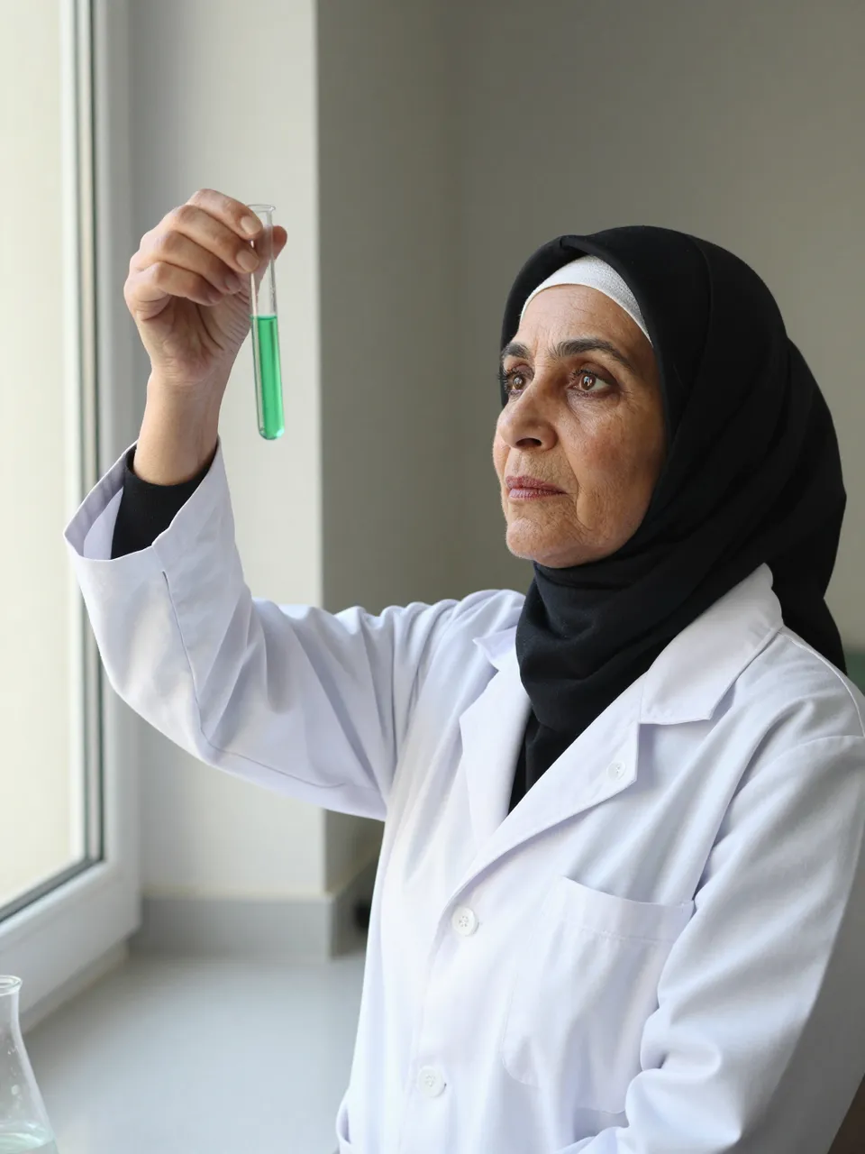 A senior Middle Eastern woman in a hijab and lab coat holds a test tube of green liquid up to window light to examine it.