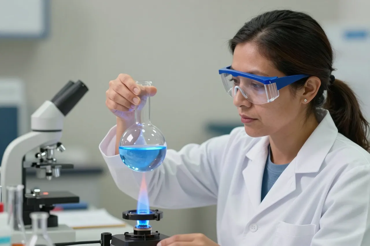 A female chemist wearing safety goggles heats a round flask of blue liquid over a burner flame in a lab