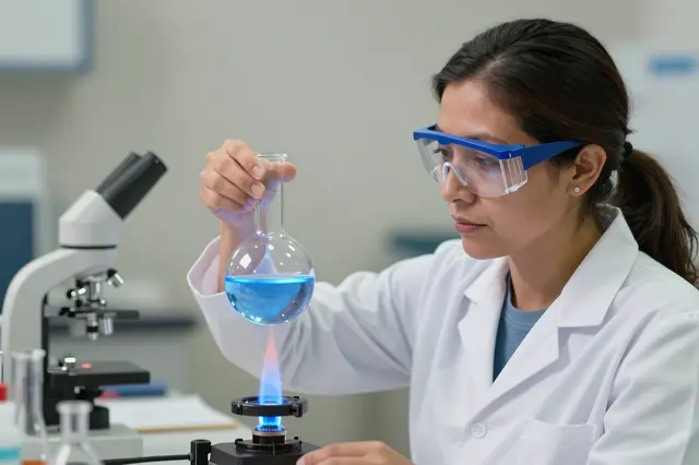 A female chemist wearing safety goggles heats a round flask of blue liquid over a burner flame in a lab