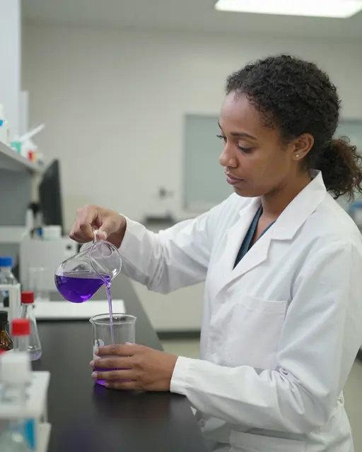 A mixed-race woman in a lab coat pours violet liquid between glass beakers at a laboratory bench.
