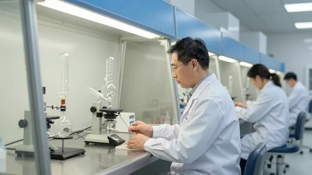 East Asian chemists in lab coats work at a long fume hood bench with scientific glassware