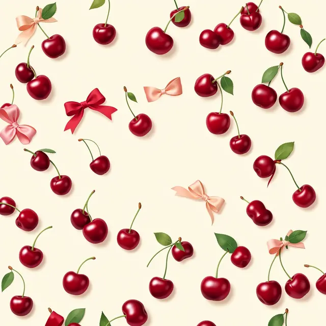 Scattered glossy red cherries and satin pink and red bows arranged on a soft cream background
