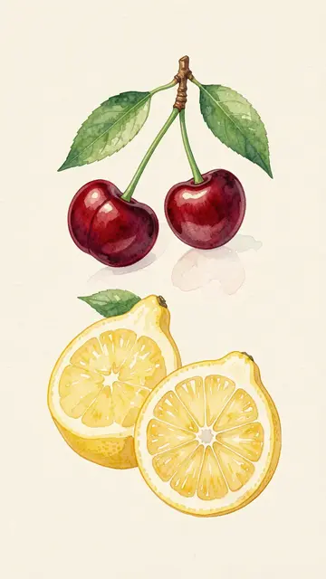 Watercolor illustration of two sweet cherries and halved lemons arranged on a soft cream background