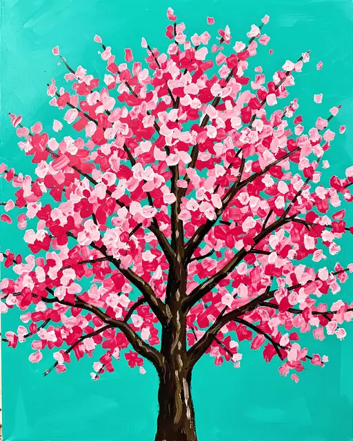 Bold acrylic painting of a cherry blossom tree against a bright turquoise sky
