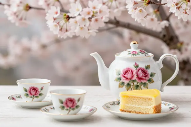 Rose-painted porcelain teapot, teacups, and lemon cake arranged on a table under flowering cherry branches