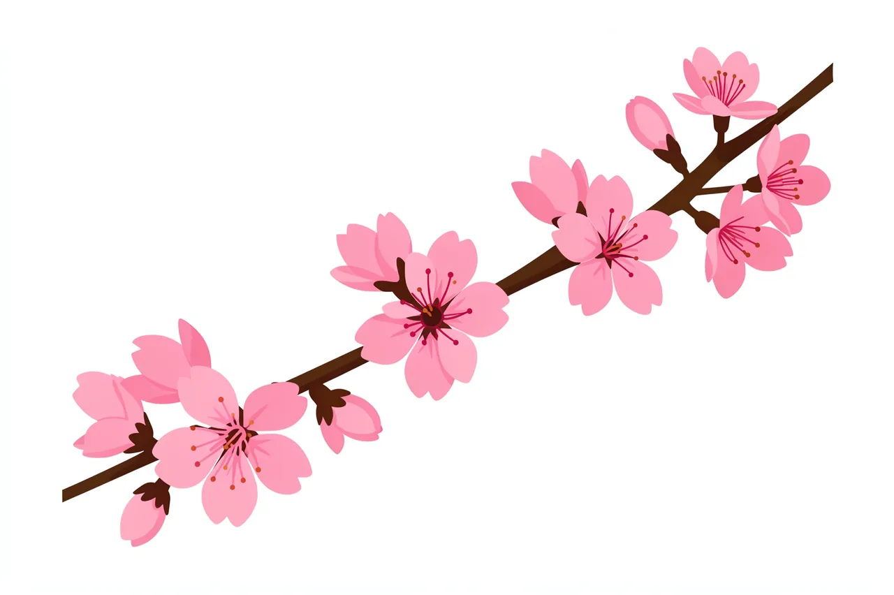 Flat clipart of a cherry blossom branch with pink five-petal flowers isolated on a plain white background