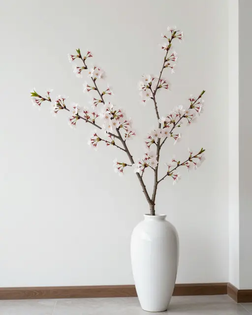 Cherry blossom branch in a tall white ceramic vase against a plain white interior wall