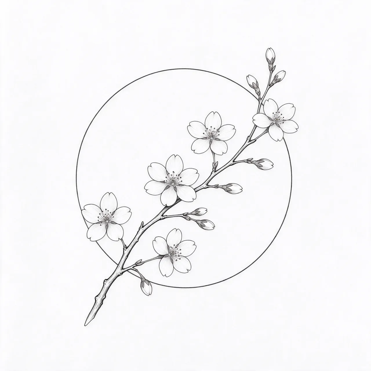 Fine line tattoo design of a cherry blossom branch crossing a thin circular outline on plain white paper
