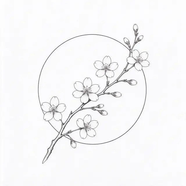 Fine line tattoo design of a cherry blossom branch crossing a thin circular outline on plain white paper