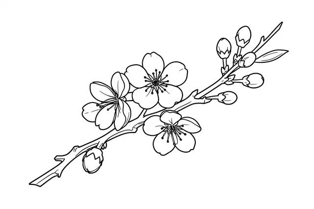 Simple black line drawing of a cherry blossom branch with open five-petal flowers and round buds on a plain white background